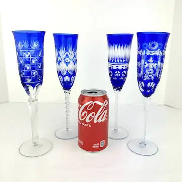 4 Vintage Cobalt Cut to Clear Champagne Flutes