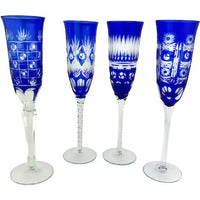 4 Vintage Cobalt Cut to Clear Champagne Flutes