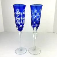 4 Vintage Cobalt Cut to Clear Champagne Flutes