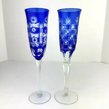 4 Vintage Cobalt Cut to Clear Champagne Flutes