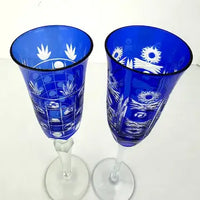 4 Vintage Cobalt Cut to Clear Champagne Flutes