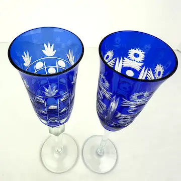 4 Vintage Cobalt Cut to Clear Champagne Flutes