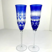 4 Vintage Cobalt Cut to Clear Champagne Flutes