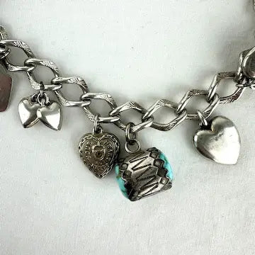 Amazing Vintage Charm Bracelet with Puffy Hearts, Native Charms and Religious Charms