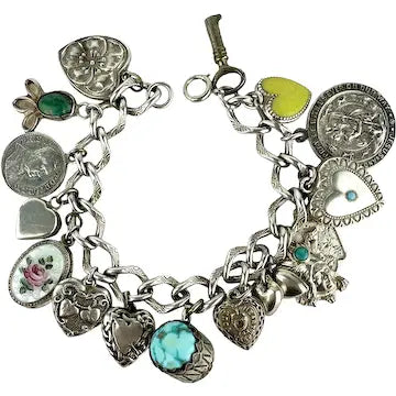 Amazing Vintage Charm Bracelet with Puffy Hearts, Native Charms and Religious Charms