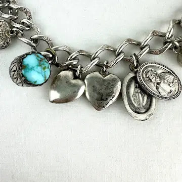 Amazing Vintage Charm Bracelet with Puffy Hearts, Native Charms and Religious Charms