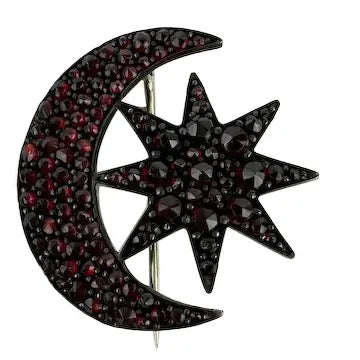 Antique Bohemian Garnet Star and Moon Brooch