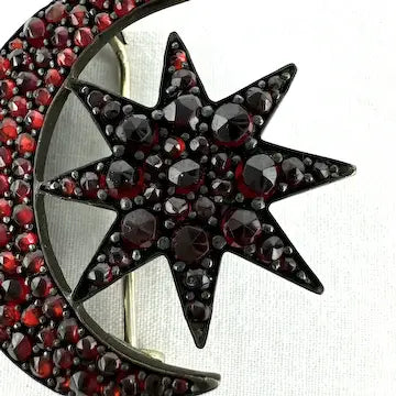 Antique Bohemian Garnet Star and Moon Brooch