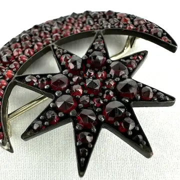 Antique Bohemian Garnet Star and Moon Brooch