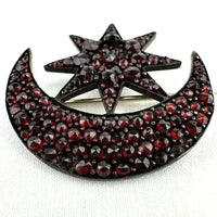 Antique Bohemian Garnet Star and Moon Brooch