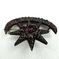 Antique Bohemian Garnet Star and Moon Brooch