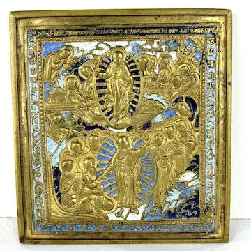 Antique Brass Copper Alloy and Enamel Russian Icon of Christs Resurrection and Descent into Hell