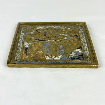 Antique Brass Copper Alloy and Enamel Russian Icon of Christs Resurrection and Descent into Hell