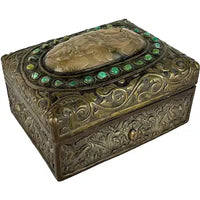 Antique Chinese Repousse Brass Box with Jade and Turquoise Inlays