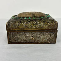 Antique Chinese Repousse Brass Box with Jade and Turquoise Inlays