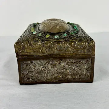 Antique Chinese Repousse Brass Box with Jade and Turquoise Inlays