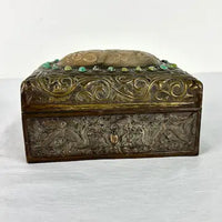 Antique Chinese Repousse Brass Box with Jade and Turquoise Inlays