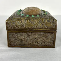 Antique Chinese Repousse Brass Box with Jade and Turquoise Inlays