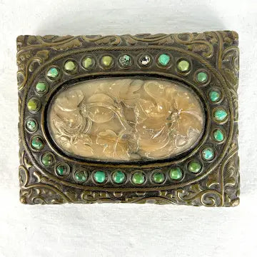 Antique Chinese Repousse Brass Box with Jade and Turquoise Inlays