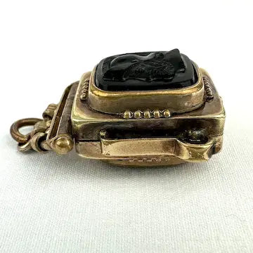 Antique Gold Filled Carved Onyx and Tiger Stone Locket Fob