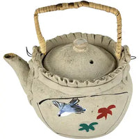 Antique Japanese Banko Miniature Teapot with Leaves and Bird