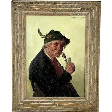 Antique Original Oil Painting of Man Smoking a Pipe by Hugo Kotschenreiter