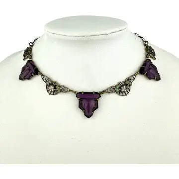 Art Deco Czech Amethyst Glass Choker Necklace