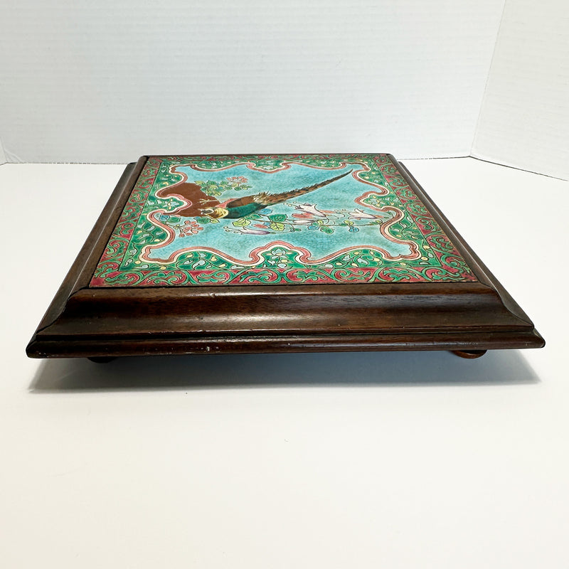 Antique French Longwy Enamel Tile Pheasant Trivet