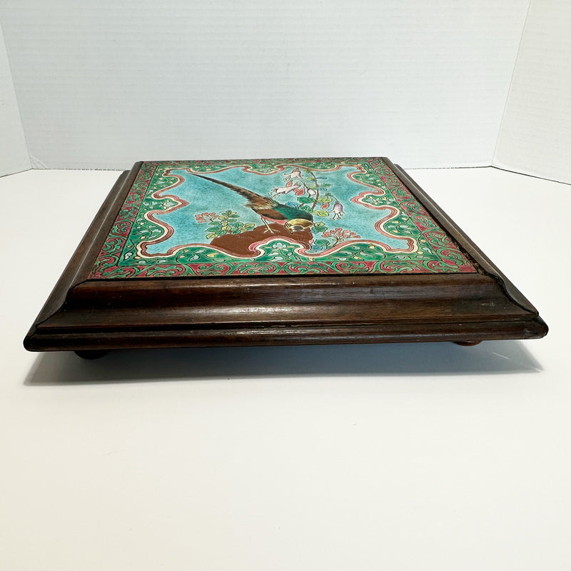 Antique French Longwy Enamel Tile Pheasant Trivet