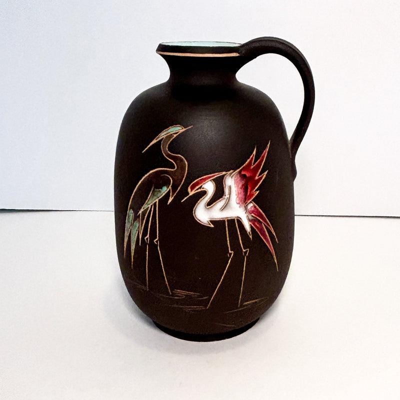 Kiechle Vintage German Studio Art Pottery Vase with Enameled Herons