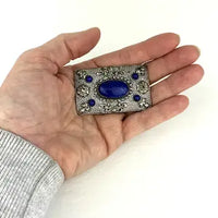 Czech Lapis Glass Marcasite Brooch