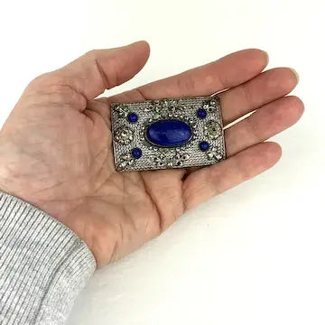 Czech Lapis Glass Marcasite Brooch