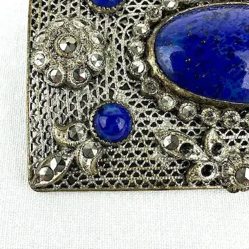 Czech Lapis Glass Marcasite Brooch