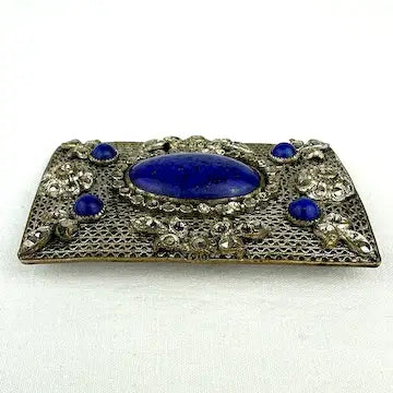 Czech Lapis Glass Marcasite Brooch