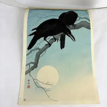 Early 20th C Japanese Woodblock of Crows by Ohara Koson