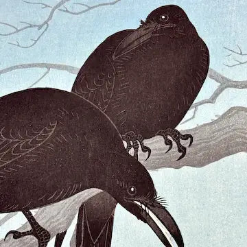 Early 20th C Japanese Woodblock of Crows by Ohara Koson