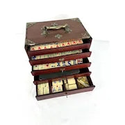 Early 20thc Mah Jongg Game Set with Bovine Bone Tiles in Wooden Box