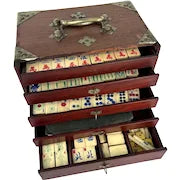 Early 20thc Mah Jongg Game Set with Bovine Bone Tiles in Wooden Box