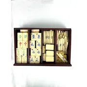 Early 20thc Mah Jongg Game Set with Bovine Bone Tiles in Wooden Box