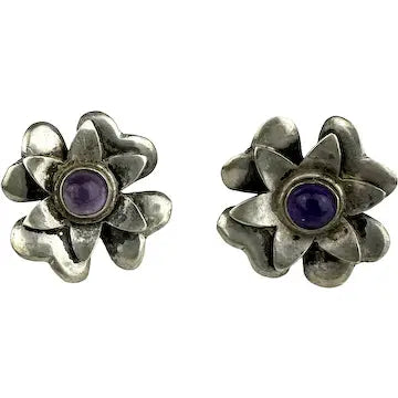 Early Mexican Silver Amethyst and Sterling Screw Back Earrings