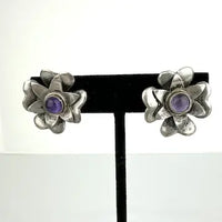 Early Mexican Silver Amethyst and Sterling Screw Back Earrings