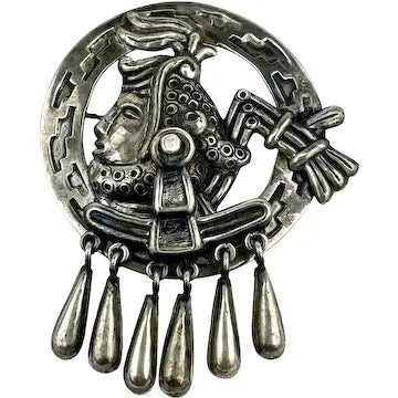 Early Mexican Silver Aztec Emporer Articulated Brooch