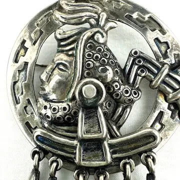 Early Mexican Silver Aztec Emporer Articulated Brooch