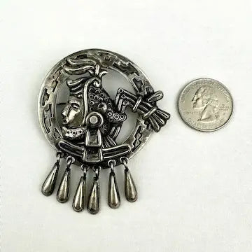 Early Mexican Silver Aztec Emporer Articulated Brooch