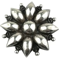 Early Mexican Silver Large Flower Brooch Signed Tobias