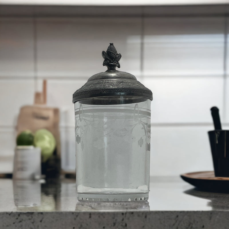 Vintage Etched Glass Pickle Jar with Silver Lid