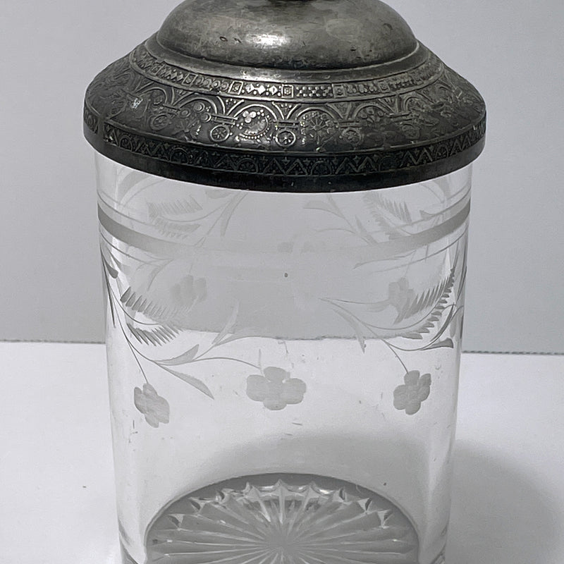 Vintage Etched Glass Pickle Jar with Silver Lid