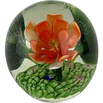 Glass Paperweight with Orange Flower and Millefiori