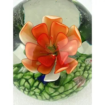 Glass Paperweight with Orange Flower and Millefiori