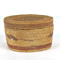 Hand Woven Nootka Lidded Basket with Muskrats